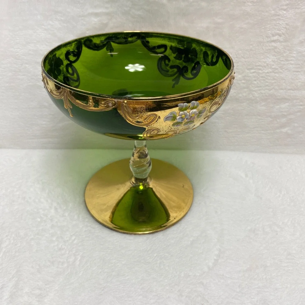 VTG Green Glass Pedestal Compote Bowl Goblet Candy Dish‎ Bowl Gold Leaf Italy